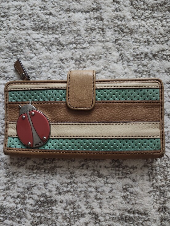 Fossil Handbags - Fossil Tan, Mint & Cream Striped  Leather Wallet with Red Ladybug Accent